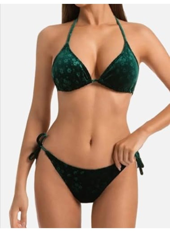 Hanady Two-piece olive green velvet bikini with a waist shawl – One size fits all – HN 9049 - Image 4