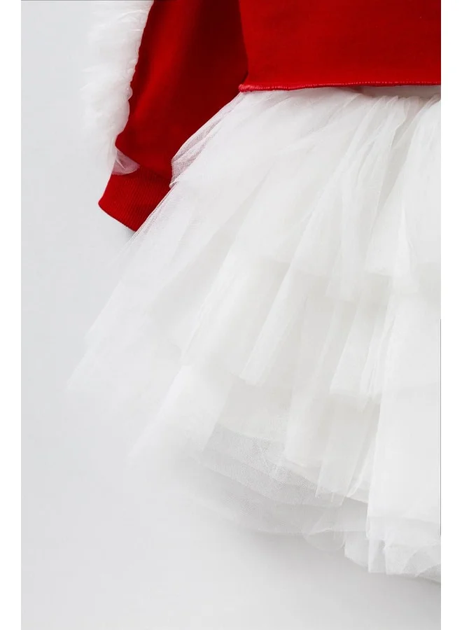Magu Red Cotton Ruffled Sweatshirt and Tulle Skirt Two-Piece Set for Girls.