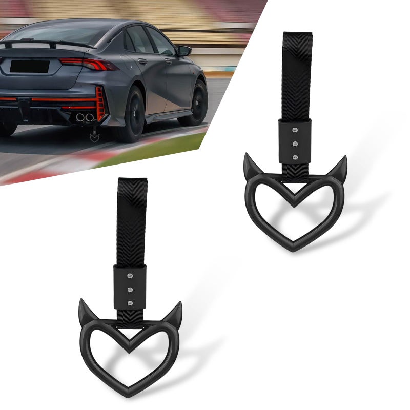 Qurbuns 2 PCS Devil Heart Car Handle Straps Love Shape Handle Keychains Hand Strap Drift Charm Bumper Warning Ring Heart Car Accessories Interior Exterior Decor for Cars SUV Bus Subway Black - Image 3
