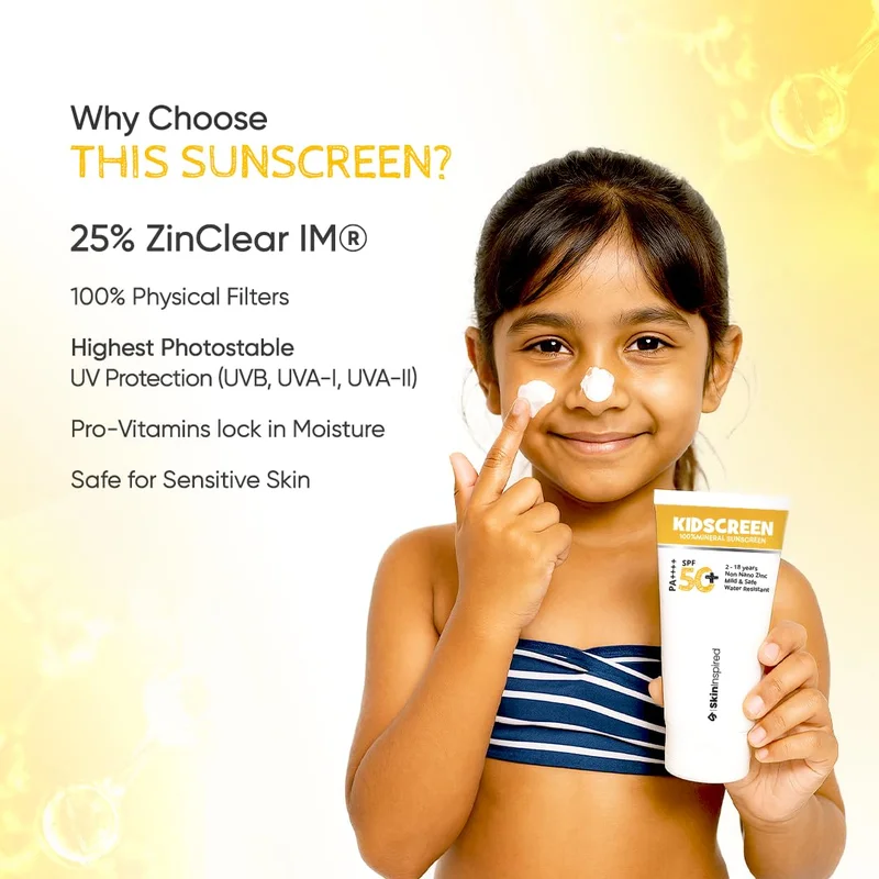 Skininspired White SkinInspired Kidscreen (2-18 yrs) 100% Mineral Sunscreen for Kids | SPF 50+ PA++++ | Broad Spectrum UVA & UVB Protection | Water & Sweat Resistant | Vitamin E & Pro Vitamin B5 | Non-Greasy | 50GM for Women | Best Price UAE