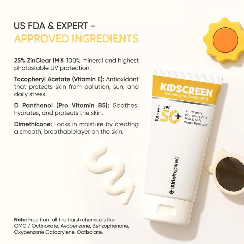 Skininspired White SkinInspired Kidscreen (2-18 yrs) 100% Mineral Sunscreen for Kids | SPF 50+ PA++++ | Broad Spectrum UVA & UVB Protection | Water & Sweat Resistant | Vitamin E & Pro Vitamin B5 | Non-Greasy | 50GM for Women | Best Price UAE