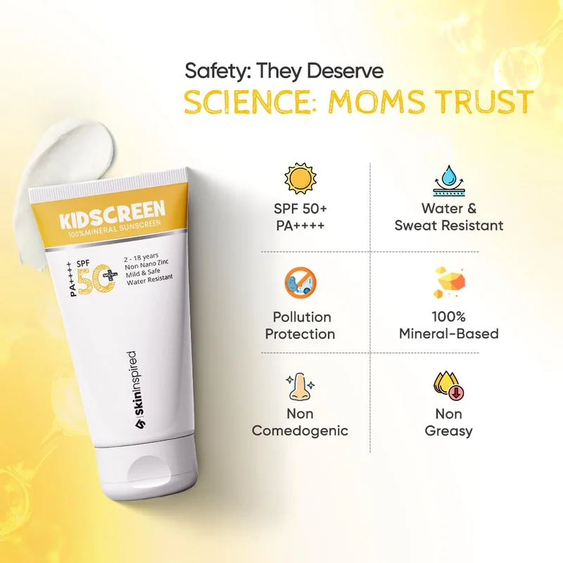 Skininspired SkinInspired Kidscreen (2-18 yrs) 100% Mineral Sunscreen for Kids | SPF 50+ PA++++ | Broad Spectrum UVA & UVB Protection | Water & Sweat Resistant | Vitamin E & Pro Vitamin B5 | Non-Greasy | 50GM