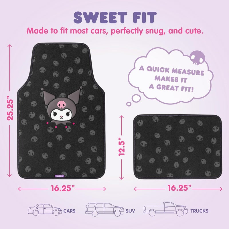 Carbella Kuromi Carpet Car Floor Mats - Universal Fit for Cars, SUVs & Trucks - Black with Kuromi Print & Purple, Pink Accents - Front & Rear Set, 4 Piece - Image 3