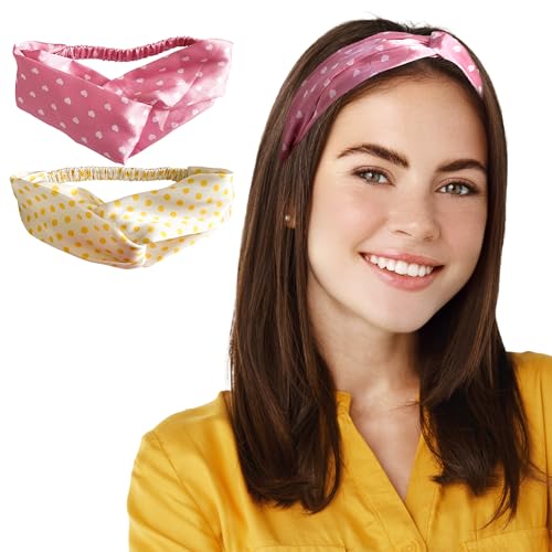 Silvr Bear Satin Hairband|Pack Of 2|Aesthetic Turban Hairband Korean Style Twisted Cross Knot Head Band| Fabric Elastic Hair Band For Women - Polka Dots Vibrant - Women & Teens, Multi Color - Image 1
