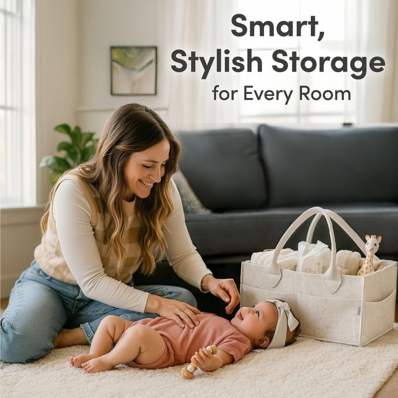PUTSKA Baby Diaper Caddy Organizer - Nursery Storage Basket for Diaper Station, Baby Basket Shower Gift List and Registry Must-Have, Newborn Essentials, Nursery Decor for Boy or Girl - White, Large - Image 2