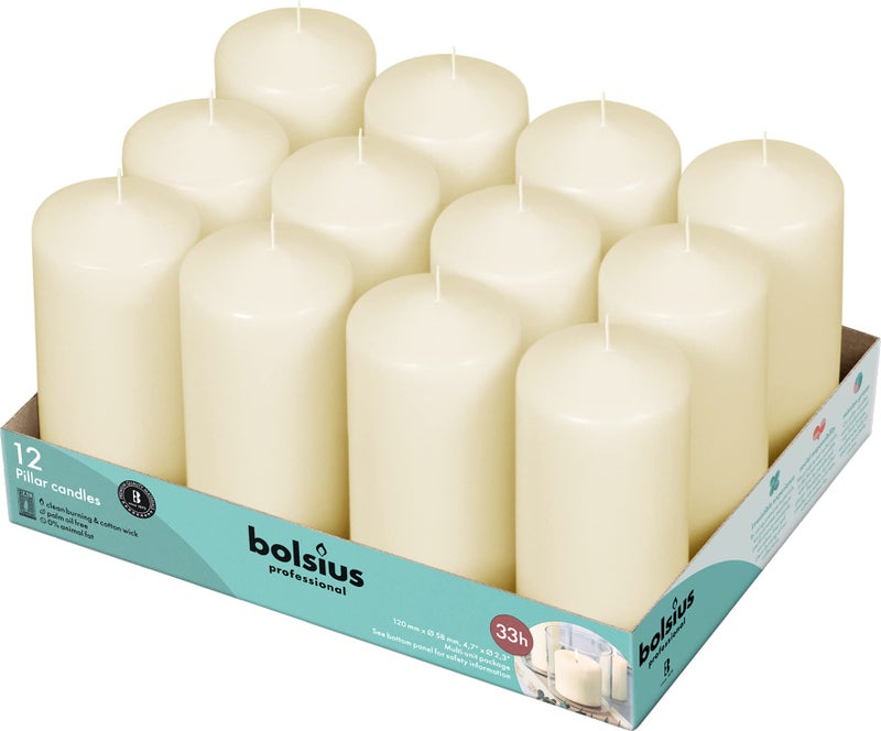BOLSIUS Set of 12 Ivory Pillar Candles - 2.25-x 4.75 Inch Unscented Dripless Clean Burning Dinner Candle -Wedding Parties Special Occasions - Image 1