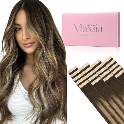MAXITA Tape in Hair Extensions Human Hair Balayage Chocolate Brown to Caramel Blonde 16inch 50g 20pcs Remy Silky Real Human Hair Extensions Thick Ends Straight Seamless Tape in Hair Extensions - Image 1