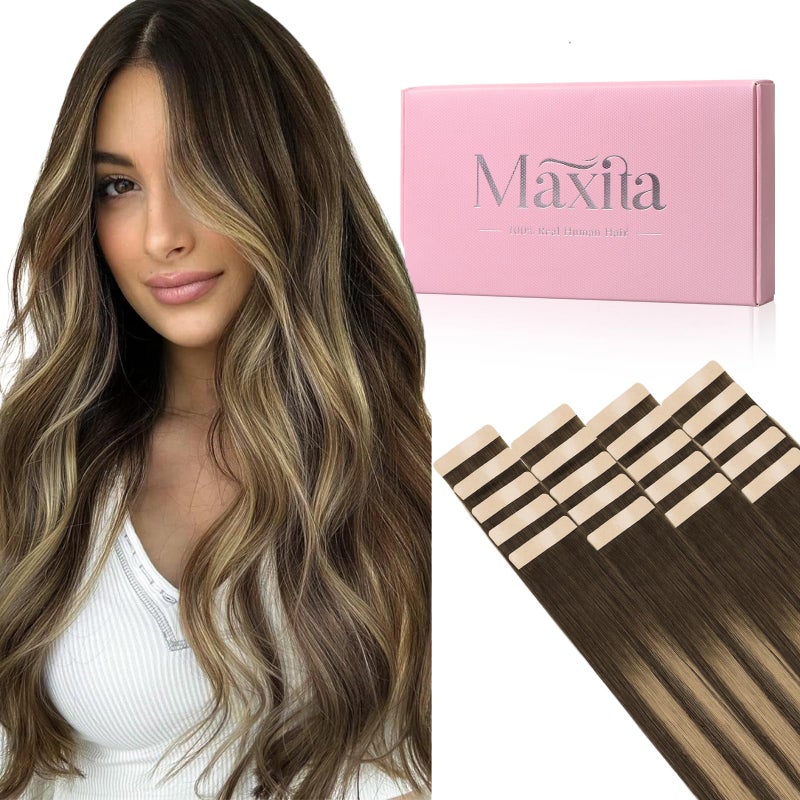 MAXITA Tape in Hair Extensions Human Hair Balayage Chocolate Brown to Caramel Blonde 16inch 50g 20pcs Remy Silky Real Human Hair Extensions Thick Ends Straight Seamless Tape in Hair Extensions - Image 2