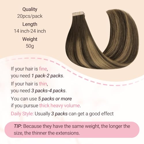 MAXITA Tape in Hair Extensions Human Hair Balayage Chocolate Brown to Caramel Blonde 16inch 50g 20pcs Remy Silky Real Human Hair Extensions Thick Ends Straight Seamless Tape in Hair Extensions - Image 3