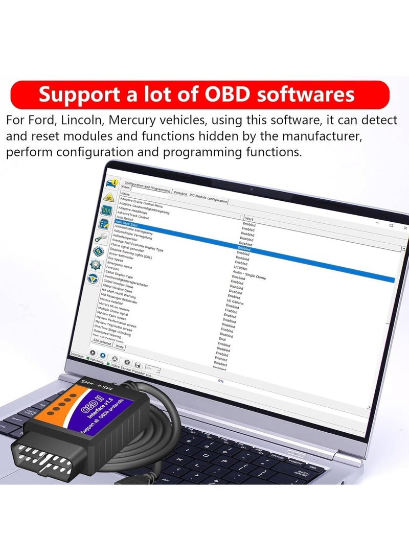 ELM327 OBD2 Adapter ELM327 OBD2 to USB Cable Code Reader Scanner ELM 327 USB Cable Interface OBDII Connector OBDII Scan Automotive Diagnostic Tool for Laptop,With MS CAN/HS CAN Switch (ELM327)