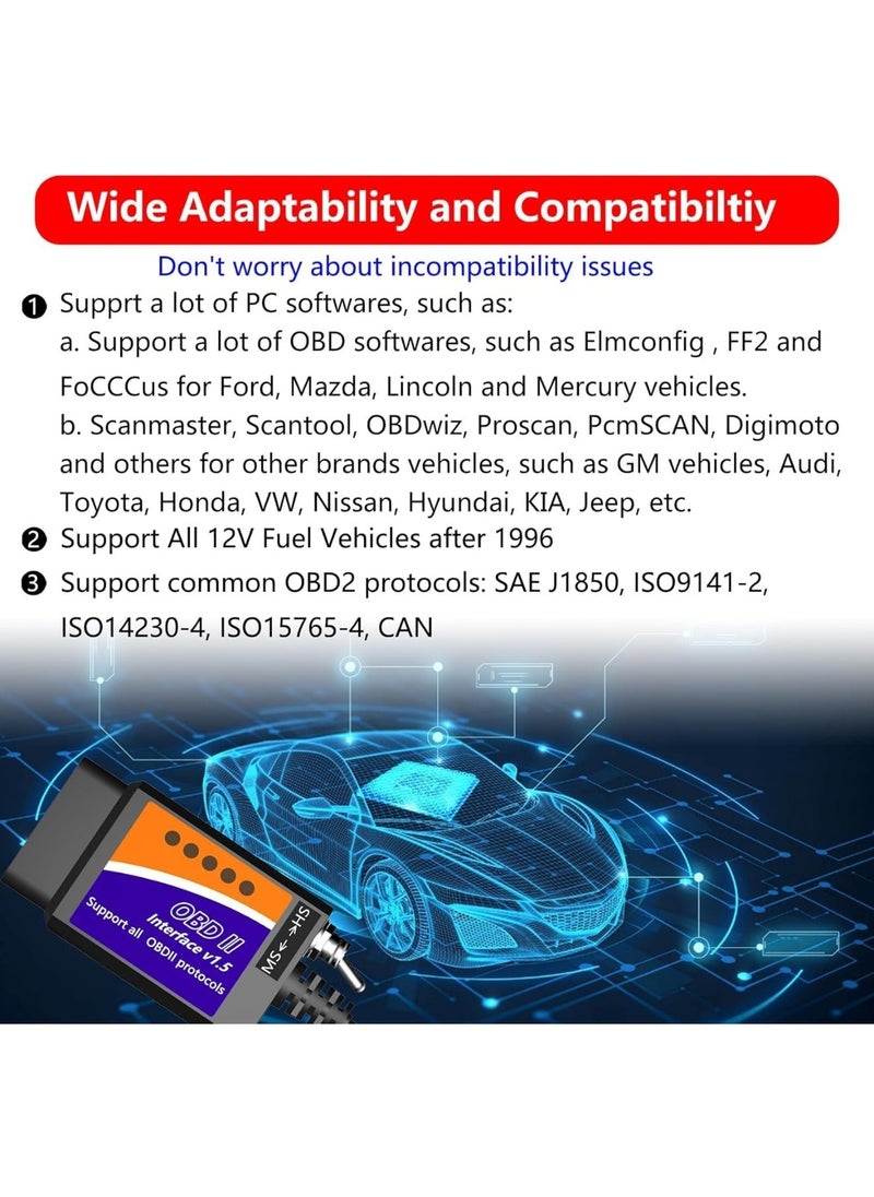 ELM327 OBD2 Adapter ELM327 OBD2 to USB Cable Code Reader Scanner ELM 327 USB Cable Interface OBDII Connector OBDII Scan Automotive Diagnostic Tool for Laptop,With MS CAN/HS CAN Switch (ELM327)