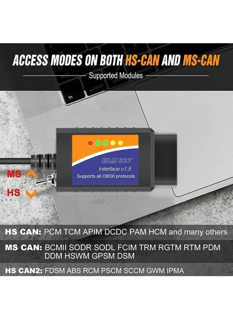 ELM327 OBD2 Adapter ELM327 OBD2 to USB Cable Code Reader Scanner ELM 327 USB Cable Interface OBDII Connector OBDII Scan Automotive Diagnostic Tool for Laptop,With MS CAN/HS CAN Switch (ELM327)