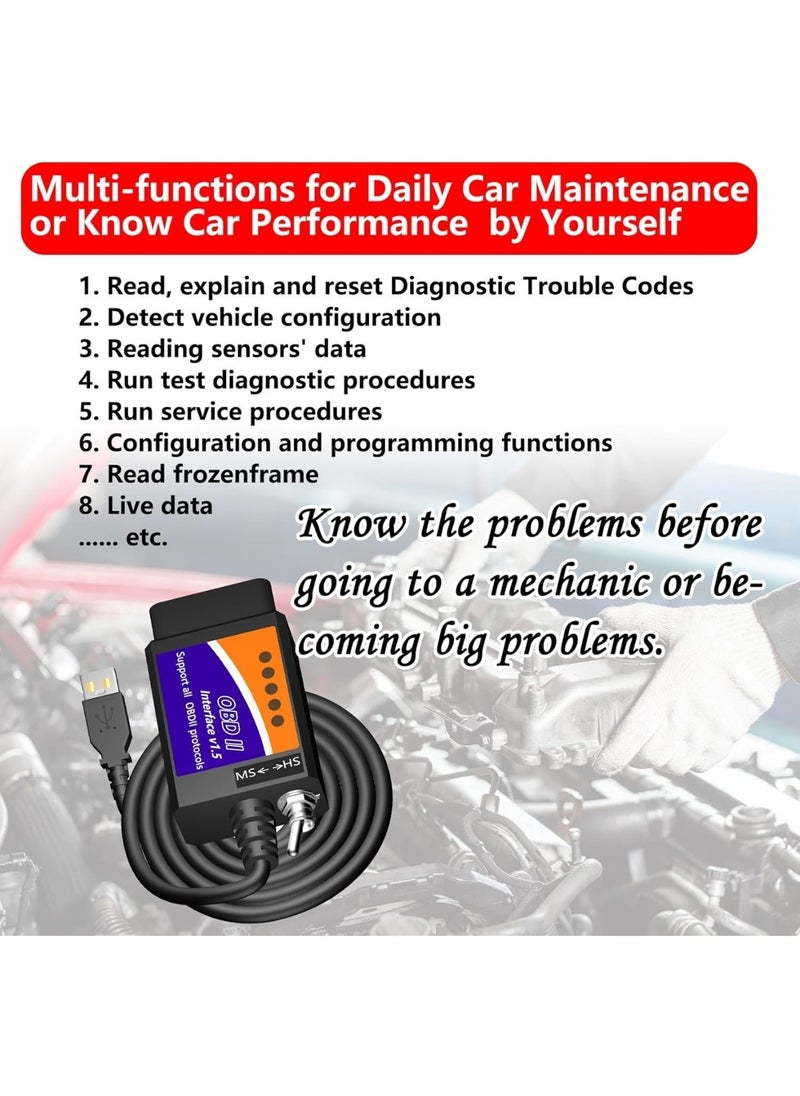 ELM327 OBD2 Adapter ELM327 OBD2 to USB Cable Code Reader Scanner ELM 327 USB Cable Interface OBDII Connector OBDII Scan Automotive Diagnostic Tool for Laptop,With MS CAN/HS CAN Switch (ELM327)