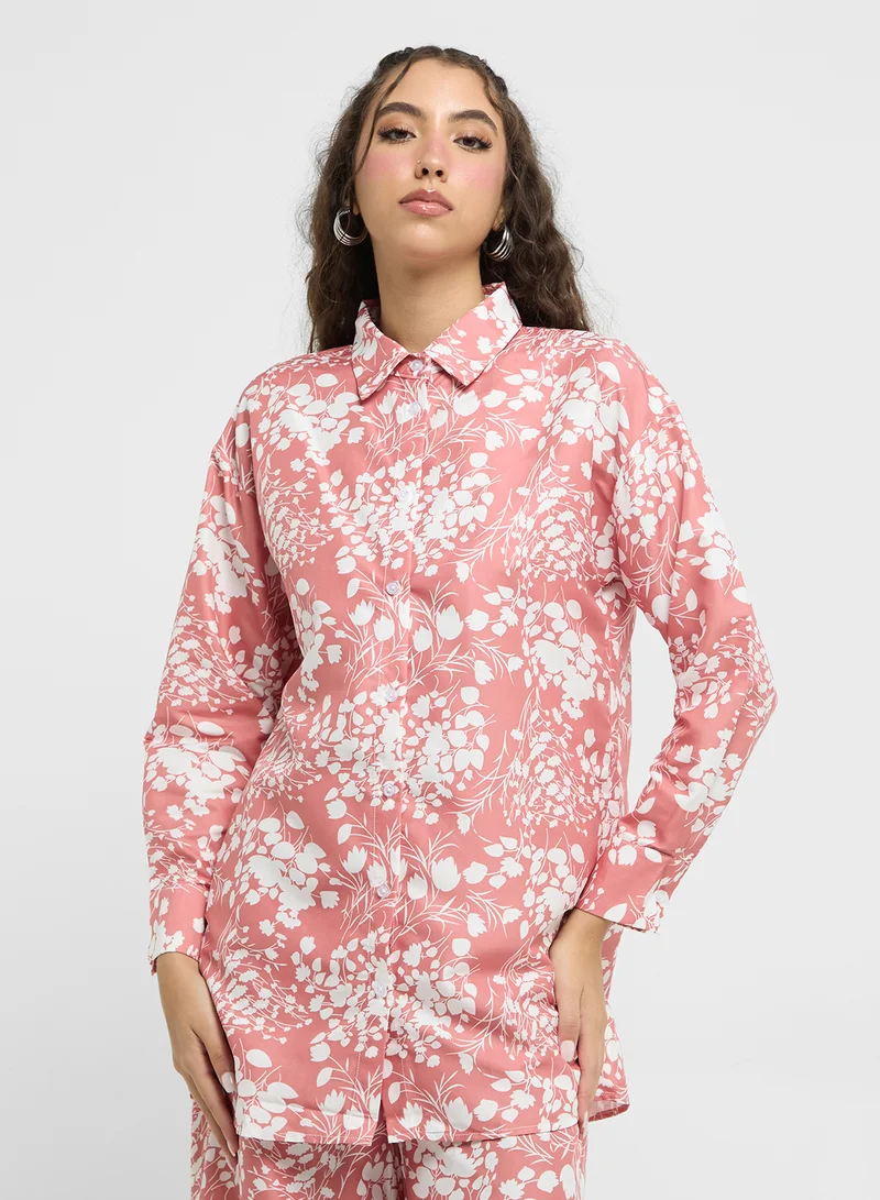 Ginger 3 Pc Printed Oversize Shirt With Bralette & Pant Co-ord Set
