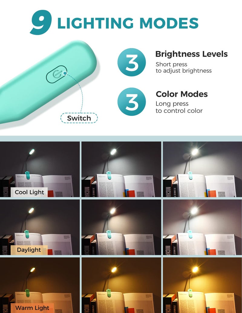 Monotremp Book Lights for Reading at Night in Bed, 80 Hours Runtime Rechargeable Reading Lights for Books in Bed, 3 Brightness Levels Ã— 3 Color Temperatures, 1.3 oz Lightweight - Image 2