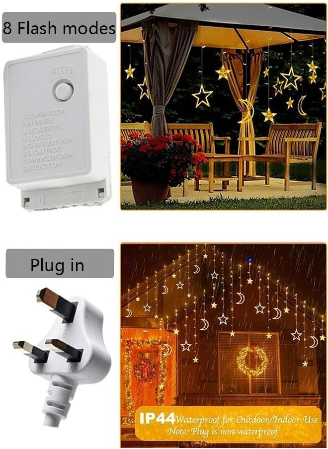 Star Moon Curtain Ramadan Lights for Bedroom Decor,3.5M Ramadan Decorations Light,Eid Moon Window String Lights,8 Flash Modes Led String Fairy Lights Stars Shaped And Moon Curtain Decorative Lights