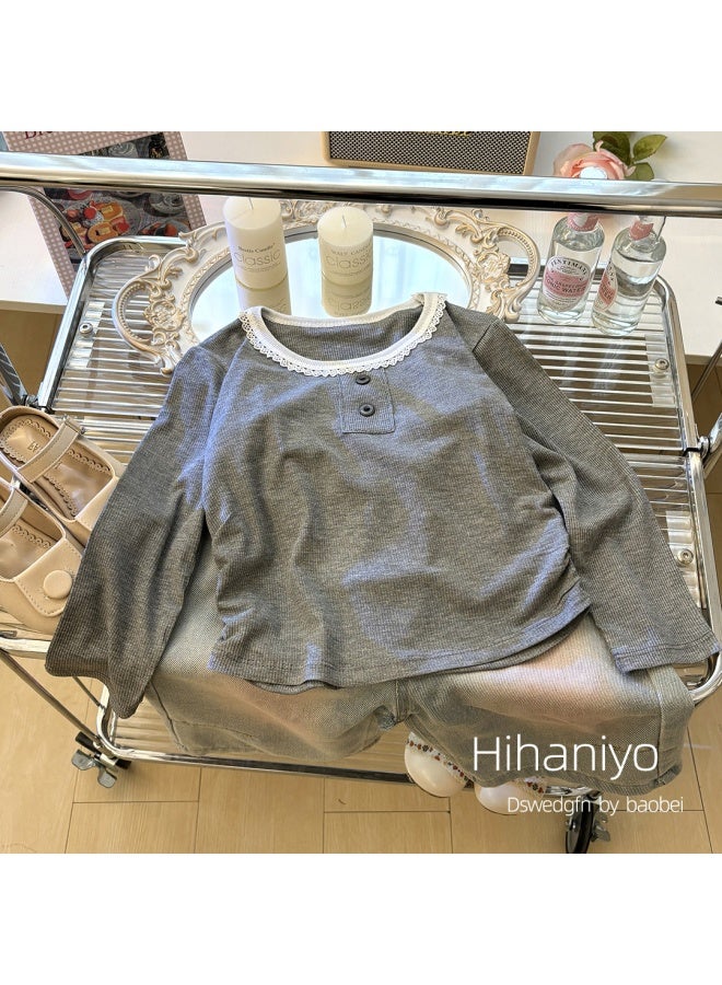 Girls' Outerwear Round Neck Lace Long Sleeve Stretchy Rayon Base Shirt For Spring And Autumn Casual Tops
