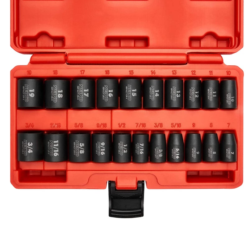 طقم مفاتيح صدمات NEIKO 02432A 38 Drive SAE وMetric 21 قطعة ضحلة من SAE 516 إلى 34 و7 مم إلى 19 مم من فولاذ CrV الممتاز بتصميم سداسي 6 نقاط مع طلاء مقاوم للتآكل
