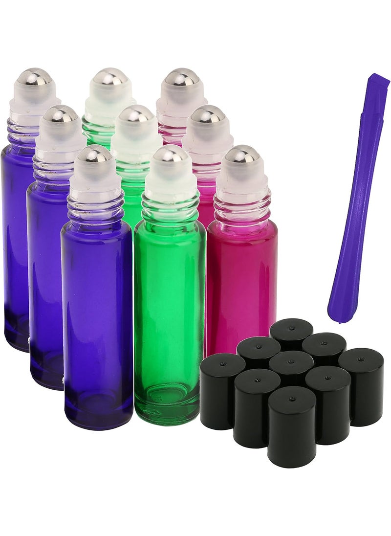 JamHoo 9Pcs, 10ml Glass Roller Bottles with Stainless Steel Roller Ball - Refillable Essential Oil Roll on Bottles with Lid Opener Pry Tool, Great for Aromatherapy, Perfumes and Lip Balms 