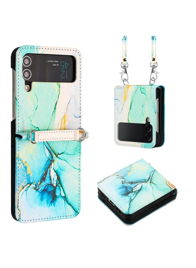BURAQ Case Cover For Samsung Galaxy Z Flip4 Crossbody Marble Pattern Leather Phone Case(Green LS003) - Image 1