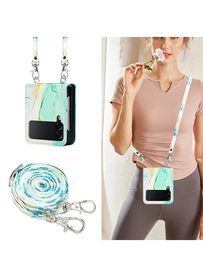 BURAQ Case Cover For Samsung Galaxy Z Flip4 Crossbody Marble Pattern Leather Phone Case(Green LS003) - Image 4