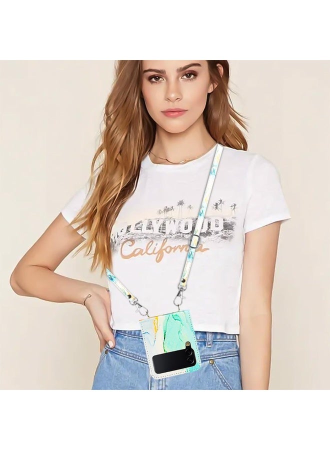 BURAQ Case Cover For Samsung Galaxy Z Flip4 Crossbody Marble Pattern Leather Phone Case(Green LS003) - Image 5