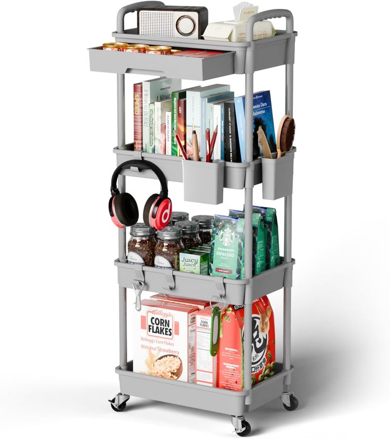 Sorgion 4 Tier Rolling Cart Organizer,Art Craft Diaper Bedside Snack Cart Laundry Room Bathroom Organizer Narrow Thin Slim Rolling Trolley Utility Cart with Wheels for Kitchen,Office(Grey) - Image 1