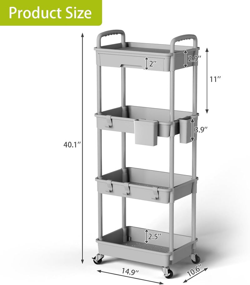 Sorgion 4 Tier Rolling Cart Organizer,Art Craft Diaper Bedside Snack Cart Laundry Room Bathroom Organizer Narrow Thin Slim Rolling Trolley Utility Cart with Wheels for Kitchen,Office(Grey) - Image 3