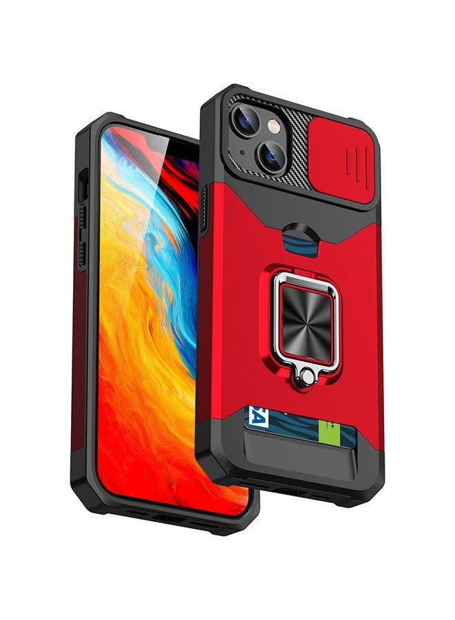 For iPhone 15 Pro Max Case with Card Holder and Slide Camera ,360° Rotate Ring Kickstand Magnetic Car Mount Phone Cover Case for iPhone 15 Pro Max (Red) - Image 1