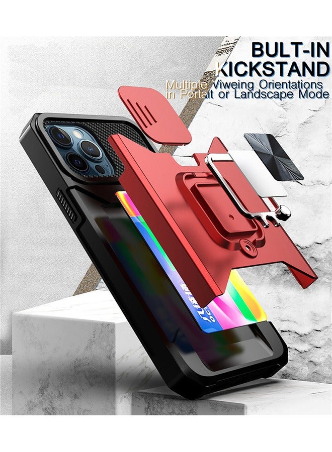 For iPhone 15 Pro Max Case with Card Holder and Slide Camera ,360° Rotate Ring Kickstand Magnetic Car Mount Phone Cover Case for iPhone 15 Pro Max (Red) - Image 5