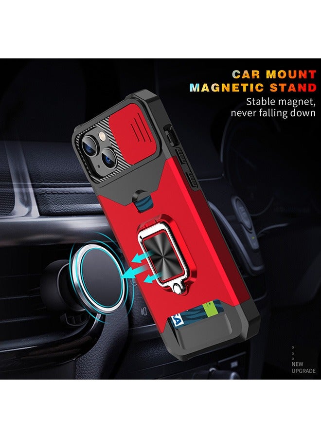 For iPhone 15 Pro Max Case with Card Holder and Slide Camera ,360° Rotate Ring Kickstand Magnetic Car Mount Phone Cover Case for iPhone 15 Pro Max (Red) - Image 4