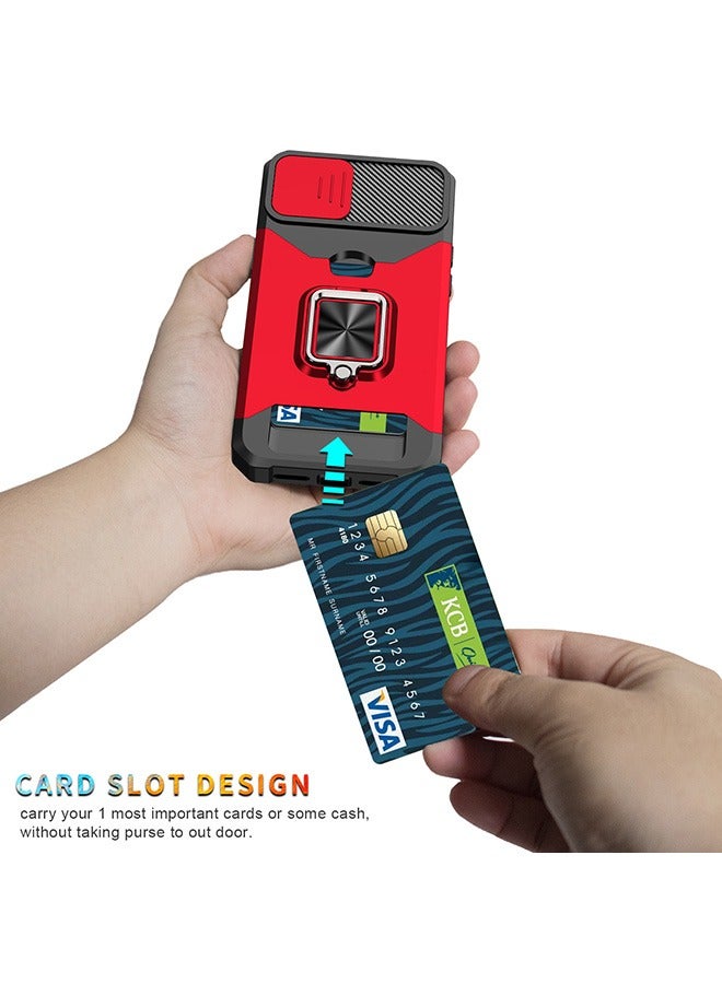 For iPhone 15 Pro Max Case with Card Holder and Slide Camera ,360° Rotate Ring Kickstand Magnetic Car Mount Phone Cover Case for iPhone 15 Pro Max (Red) - Image 3