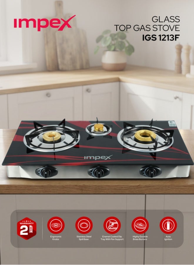 Impex Gas Stove 3 Burner Glass Top with FFD - Quality Pan Support, Brass Burners, Spill Tray, Auto Ignition, Toughened Glass, Flame Failure Device, Blue Flame, Ergonomic Knobs IGS 1213F Black and Silver - Image 1