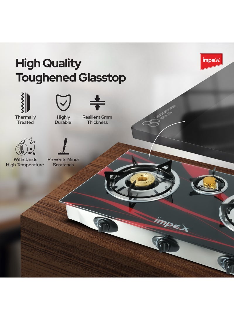 Impex Gas Stove 3 Burner Glass Top with FFD - Quality Pan Support, Brass Burners, Spill Tray, Auto Ignition, Toughened Glass, Flame Failure Device, Blue Flame, Ergonomic Knobs IGS 1213F Black and Silver - Image 3