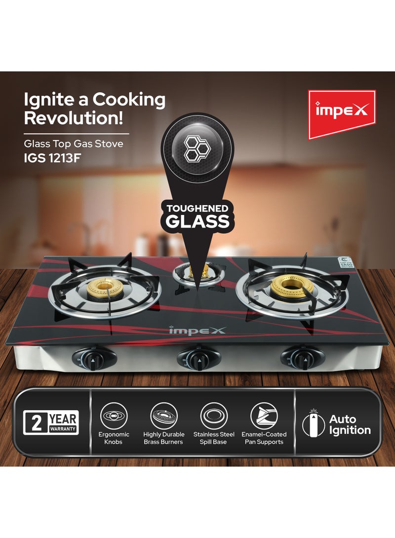 Impex Gas Stove 3 Burner Glass Top with FFD - Quality Pan Support, Brass Burners, Spill Tray, Auto Ignition, Toughened Glass, Flame Failure Device, Blue Flame, Ergonomic Knobs IGS 1213F Black and Silver - Image 2