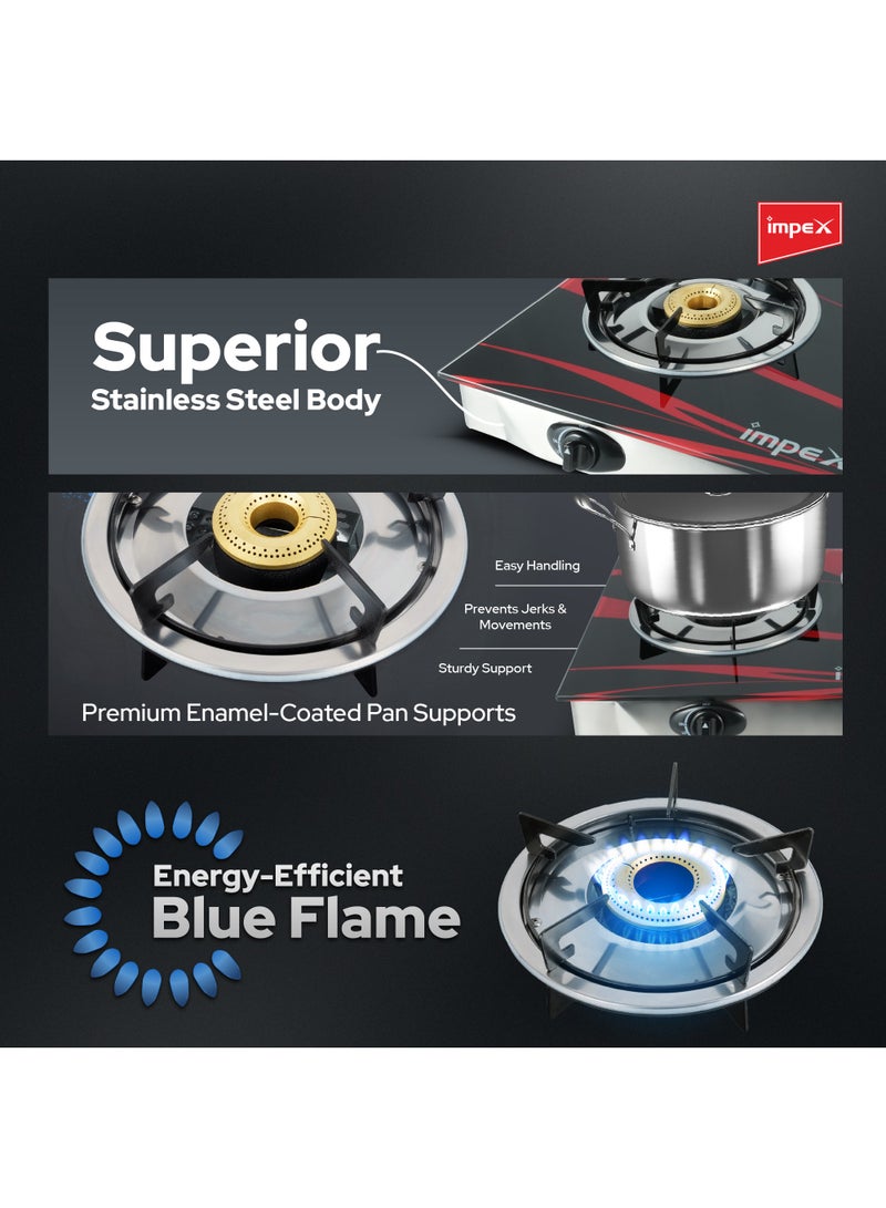 Impex Gas Stove 3 Burner Glass Top with FFD - Quality Pan Support, Brass Burners, Spill Tray, Auto Ignition, Toughened Glass, Flame Failure Device, Blue Flame, Ergonomic Knobs IGS 1213F Black and Silver - Image 4