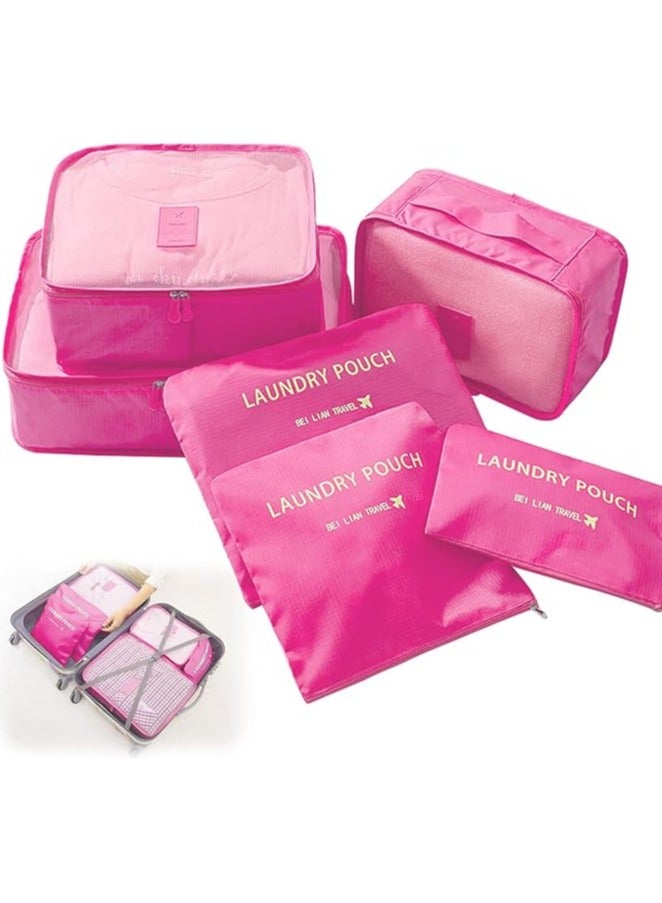 Set of 6-Piece Travel Luggage Storage Bags 3 Travel Packing Cubes + 3 Small Clothing Organizers (Fuchsia) - Image 1
