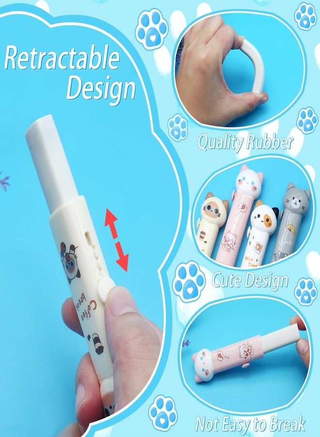Benvo 4 Pcs Sliding Retractable Pencil Erasers with Cute Cat Plastic Sleeve Kawaii Erasers for School Home Office Clean Erase Rubber(4 Colors) - Image 3