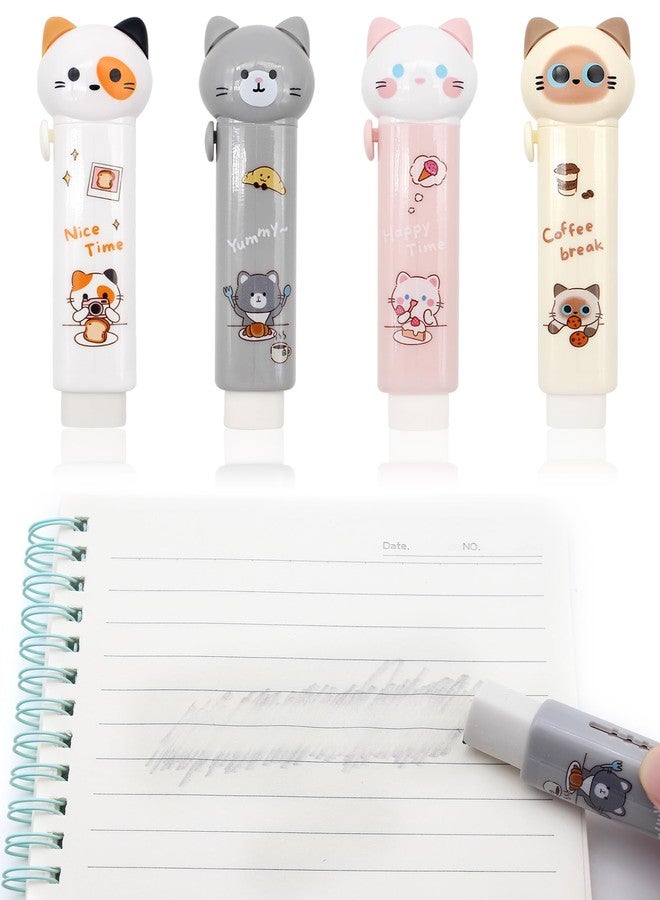 Benvo 4 Pcs Sliding Retractable Pencil Erasers with Cute Cat Plastic Sleeve Kawaii Erasers for School Home Office Clean Erase Rubber(4 Colors) - Image 1