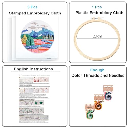 Konrisa 3 Pcs Landscape Embroidery Kits, Mountain Flower Village Pattern Cross Stitch Kit, DIY Sewing Practice Kits for Adults Home Decoration,Include Embroidery Cloth Threads and Needles,1pc Hoops - Image 2