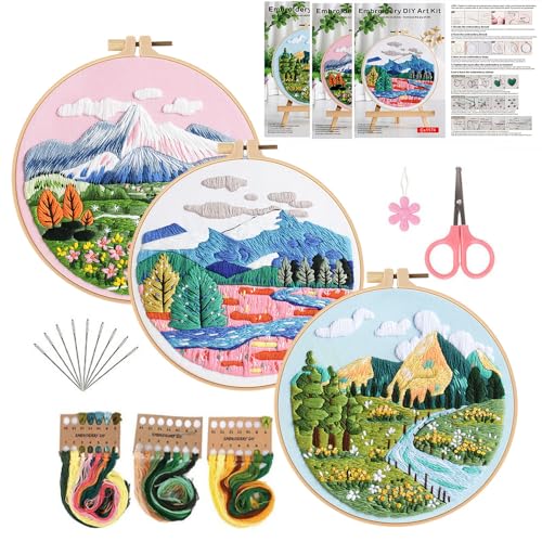 Konrisa 3 Pcs Landscape Embroidery Kits, Mountain Flower Village Pattern Cross Stitch Kit, DIY Sewing Practice Kits for Adults Home Decoration,Include Embroidery Cloth Threads and Needles,1pc Hoops - Image 1