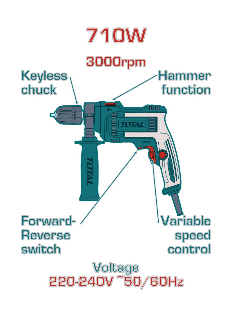 TOTAL 710W Impact Drill, 220-240V, 3000rpm, Keyless Chuck, Variable Speed Control, Hammer Function, Teal, with Forward-Reverse Switch - Image 2