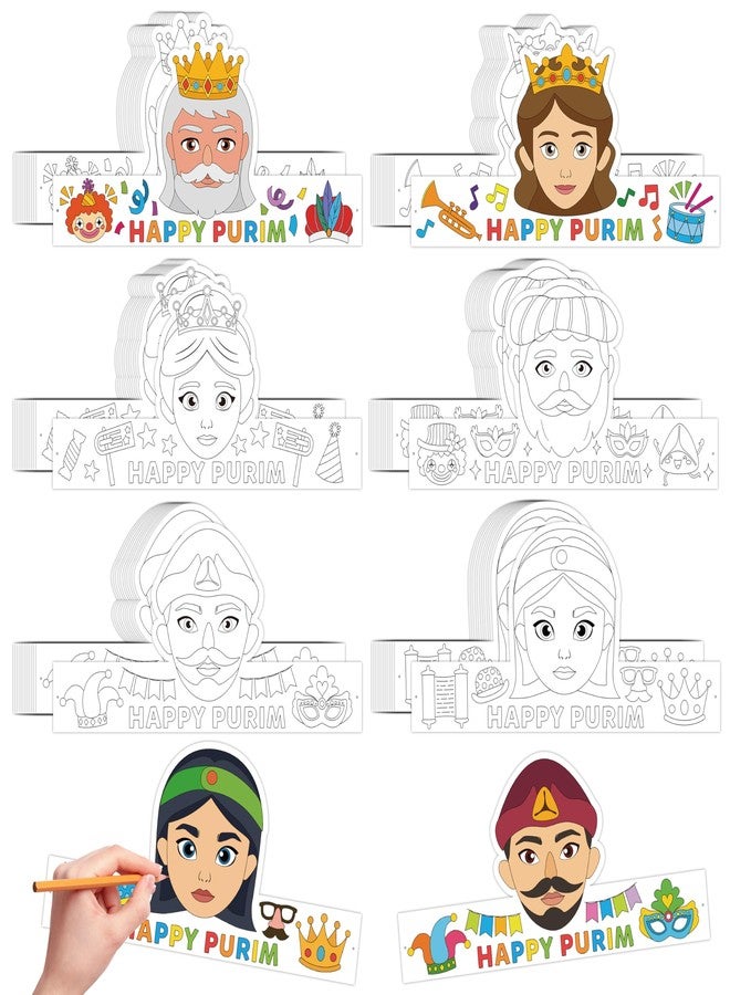 BkeeCten Purim Joy Coloring Crowns - 48 Set DIY Paper Crowns with Adjustable Elastic Bands Story Character Designs for Hebrew School Activities, Purim Party Dress Up & Cultural Education Crafts - Image 1