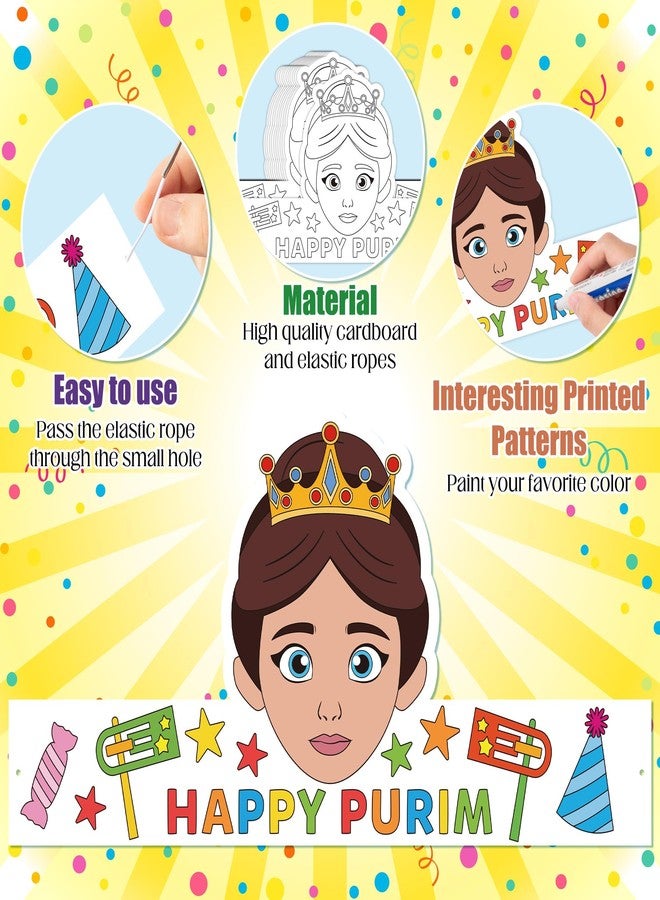 BkeeCten Purim Joy Coloring Crowns - 48 Set DIY Paper Crowns with Adjustable Elastic Bands Story Character Designs for Hebrew School Activities, Purim Party Dress Up & Cultural Education Crafts - Image 4