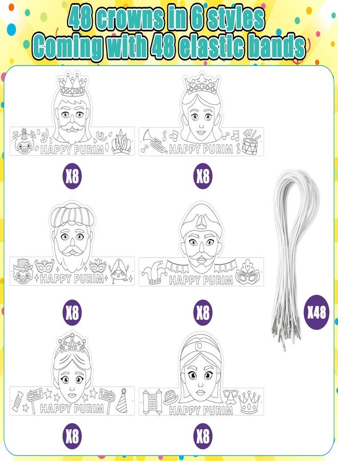 BkeeCten Purim Joy Coloring Crowns - 48 Set DIY Paper Crowns with Adjustable Elastic Bands Story Character Designs for Hebrew School Activities, Purim Party Dress Up & Cultural Education Crafts - Image 3