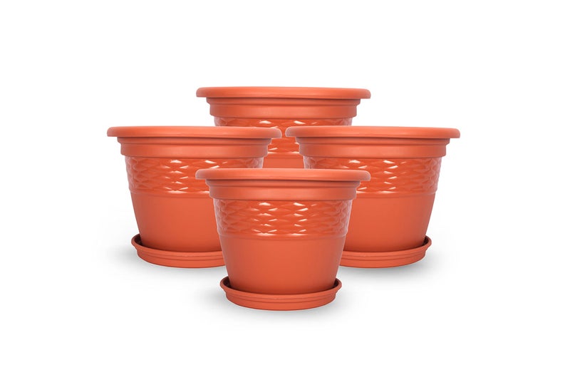 Halsey Clean Home Round Virgin Plastic Modern Design Durable Plastic Plant Pot for Gardening (Pack of 4) (POTS with Tray, MEDIUM-08 INCH) - Image 1