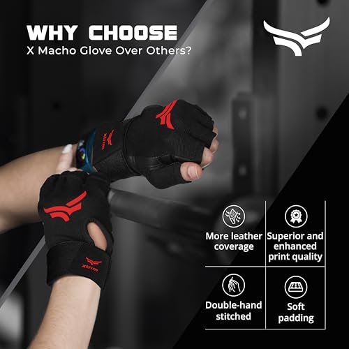 XTRIM xMacho Leather Gym Gloves for Men & Women (L, Fits 8-8.5 inches), with Wrist Support for Weightlifting, Hand Exercise Gloves with Half-Finger Length for Gym Workout (Red-Black) - Image 5