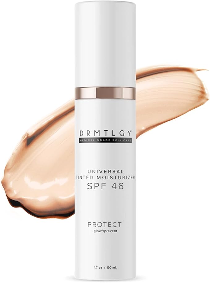 DRMTLGY مرطب ملون مضاد للشيخوخة من DRMTLGY مع SPF 46 لون عالمي واقي شمس وكريم أساس شامل للوجه مع حماية واسعة النطاق ضد أشعة UVA وUVB 18 أونصة - Image 1