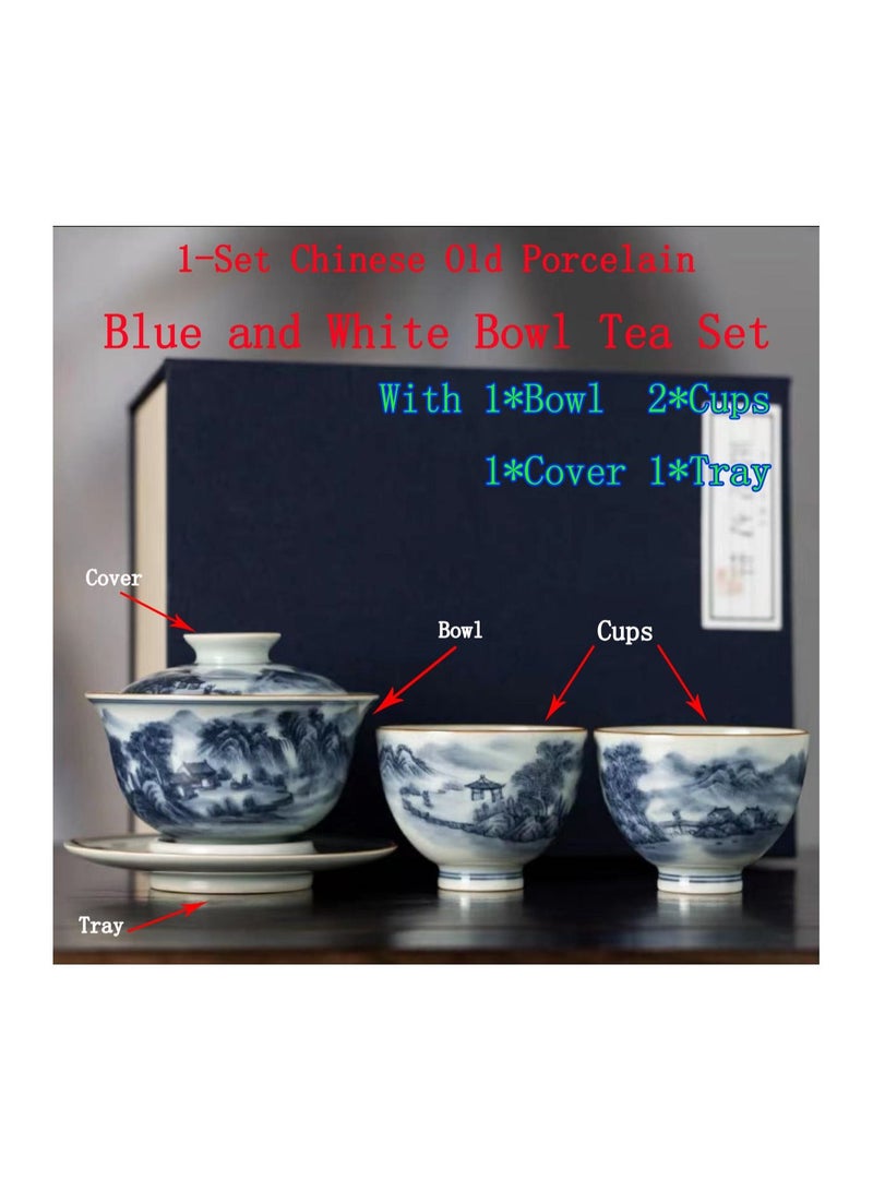 1-Set Chinese Old Porcelain Blue and White Bowl Tea Set,Chinese Tea Bowl with Cover Tray and Cups,Chinese Traditional Handicraft Ceramic Tea Set - Image 1