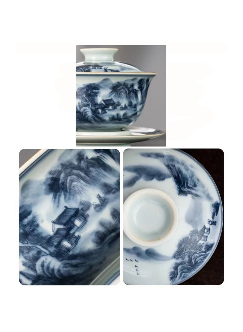 1-Set Chinese Old Porcelain Blue and White Bowl Tea Set,Chinese Tea Bowl with Cover Tray and Cups,Chinese Traditional Handicraft Ceramic Tea Set - Image 4